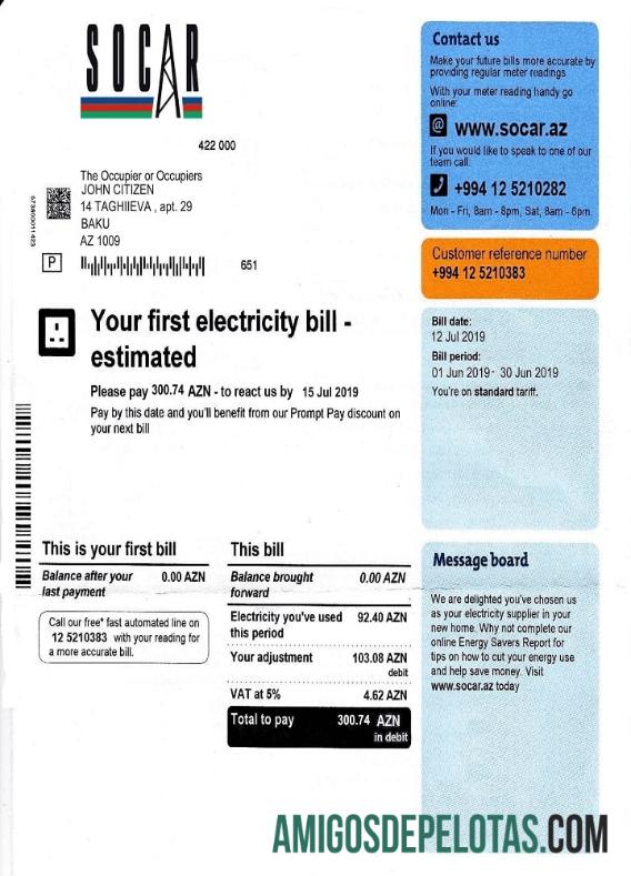 imprimível Modelo de conta de serviço público de eletricidade Socar do Azerbaijão, totalmente editável em formato PSD